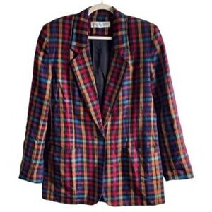 B2 90s VTG Valerie Stevens Colorful Plaid Blazer 100% Linen Jacket Old‎ Money